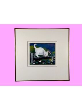 Clémence Dupont Enamel on Copper Painting White Cat Floral Cottagecore Art